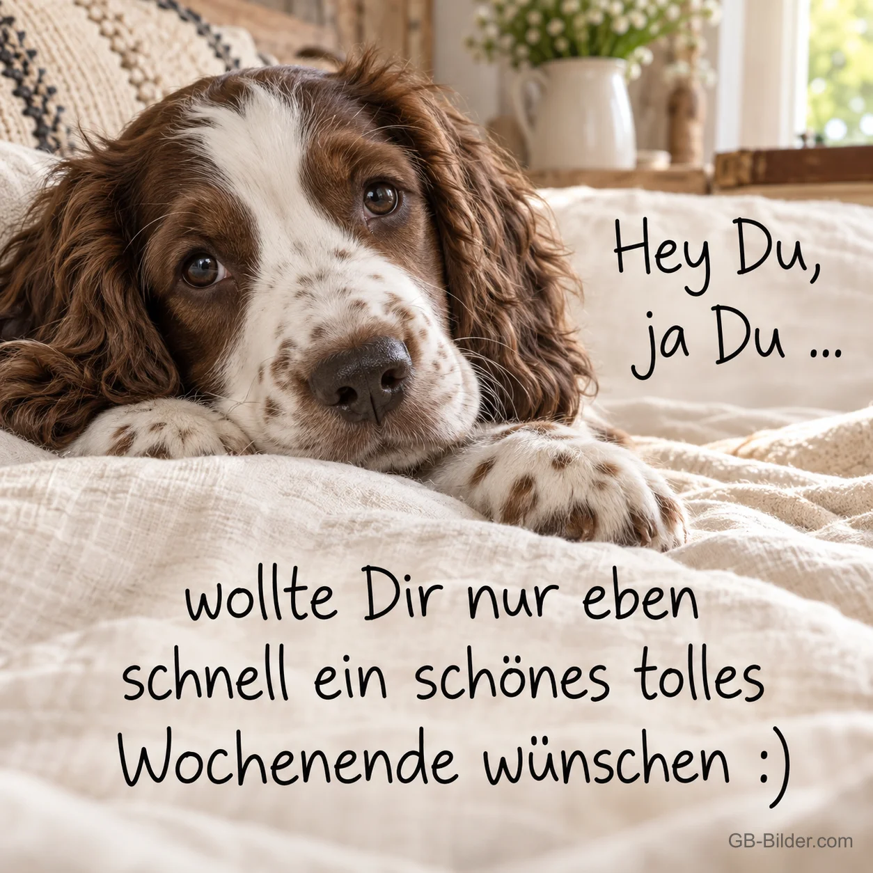 Spanielwelpe liegt auf einer weißen Bettdecke, Text: Hey Du, ja Du … wollte Dir nur eben schnell ein schönes tolles Wochenende wünschen :)