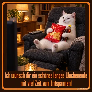 Weiße Katze liegt mit Chips und Fernbedienung im Fernsehsessel, Text: Ich wünsch dir ein schönes langes Wochenende mit viel Zeit zum Entspannen!