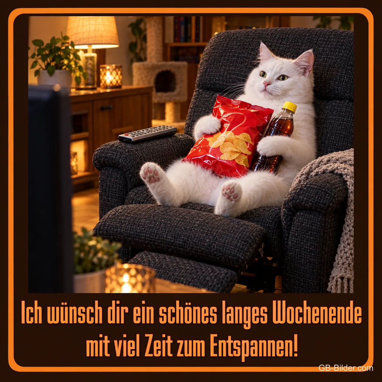 Weiße Katze liegt mit Chips und Fernbedienung im Fernsehsessel, Text: Ich wünsch dir ein schönes langes Wochenende mit viel Zeit zum Entspannen!