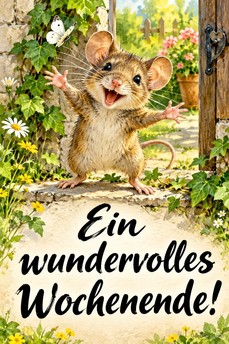 Lachende Maus breitet die Arme in einem blühenden Gartentor aus, Text: Ein wundervolles Wochenende!