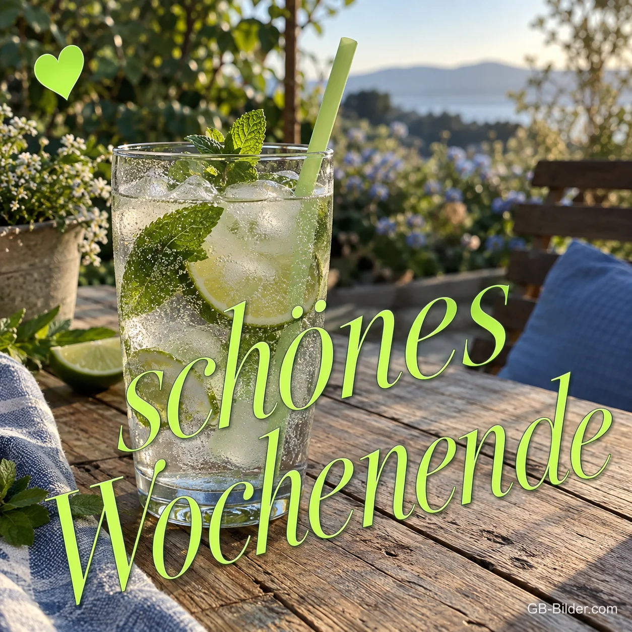 Glas mit Eis, Limette und Minze auf einem Gartentisch, Text: Schönes Wochenende