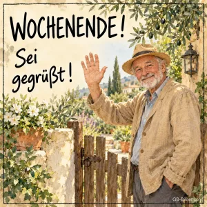 Älterer Mann mit Strohhut winkt an einem Gartentor, Text: WOCHENENDE! Sei gegrüßt!