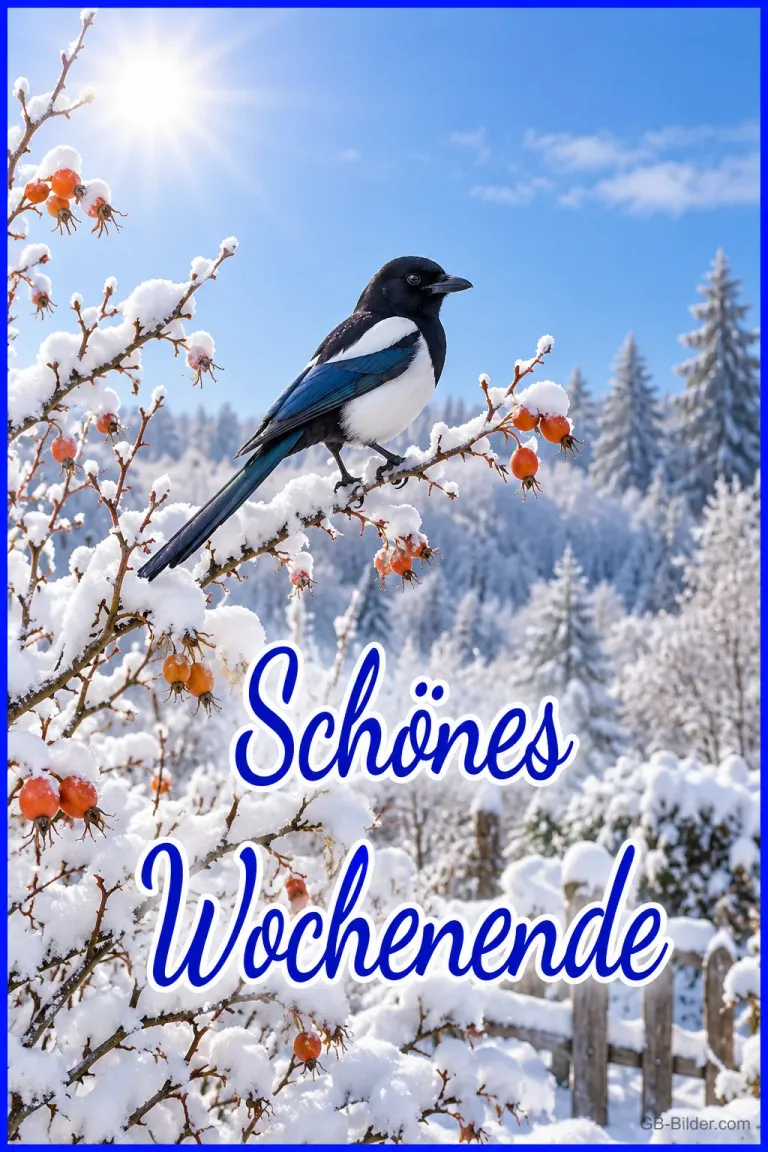 Elster auf einem verschneiten Zweig mit Hagebutten, Text: Schönes Wochenende