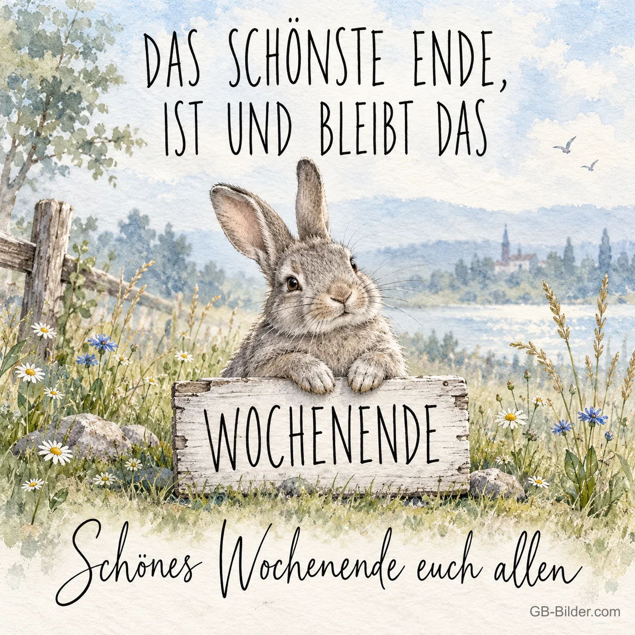 Hase hält ein Holzschild mit der Aufschrift Wochenende auf einer Wiese, Text: Das schönste Ende ist und bleibt das Wochenende. Schönes Wochenende euch allen