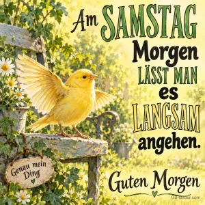 Gelber Vogel auf einer alten Gartenbank mit Holzschild, Text: Am Samstag Morgen lässt man es langsam angehen. Genau mein Ding. Guten Morgen