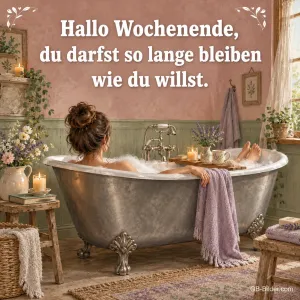 Frau entspannt in einer Badewanne mit Kerzen und Blumen, Text: Hallo Wochenende, du darfst so lange bleiben wie du willst.