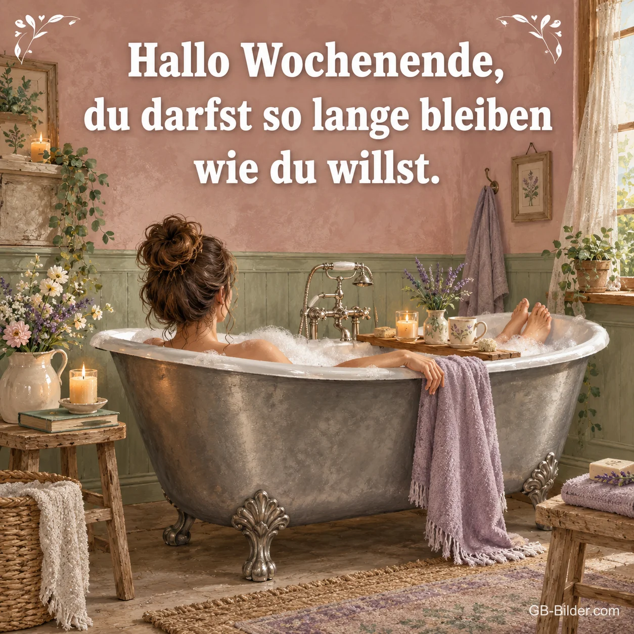 Frau entspannt in einer Badewanne mit Kerzen und Blumen, Text: Hallo Wochenende, du darfst so lange bleiben wie du willst. Frau entspannt in einer Badewanne mit Kerzen und Blumen, Text: Hallo Wochenende, du darfst so lange bleiben wie du willst.