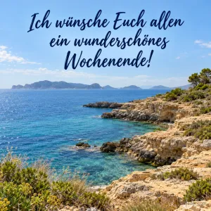 Felsige Küste mit türkisblauem Meer, Text: Ich wünsche Euch allen ein wunderschönes Wochenende!