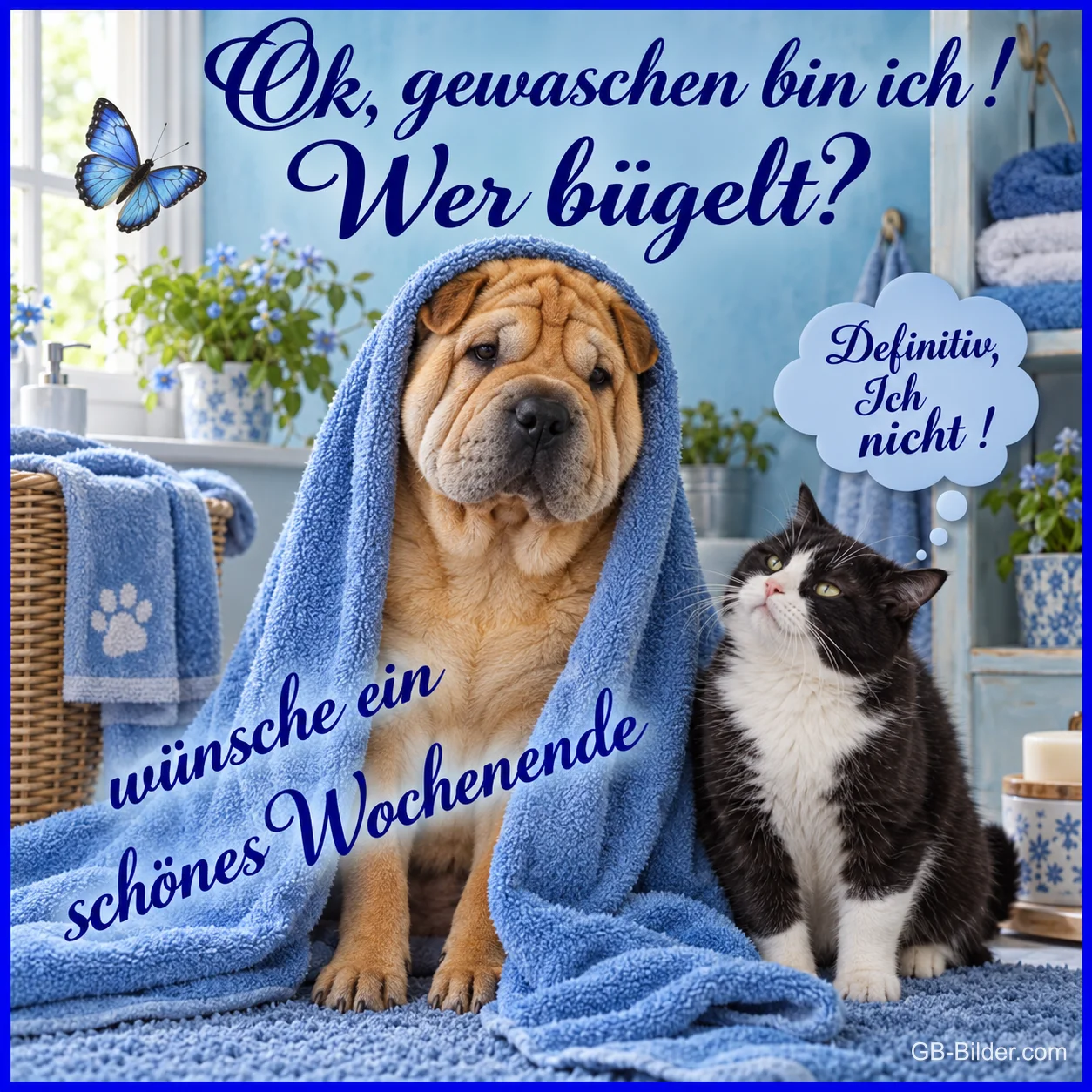 Shar-Pei in ein Handtuch gewickelt neben einer Katze im Badezimmer, Text: Ok, gewaschen bin ich! Wer bügelt? Definitiv, ich nicht! Wünsche ein schönes Wochenende