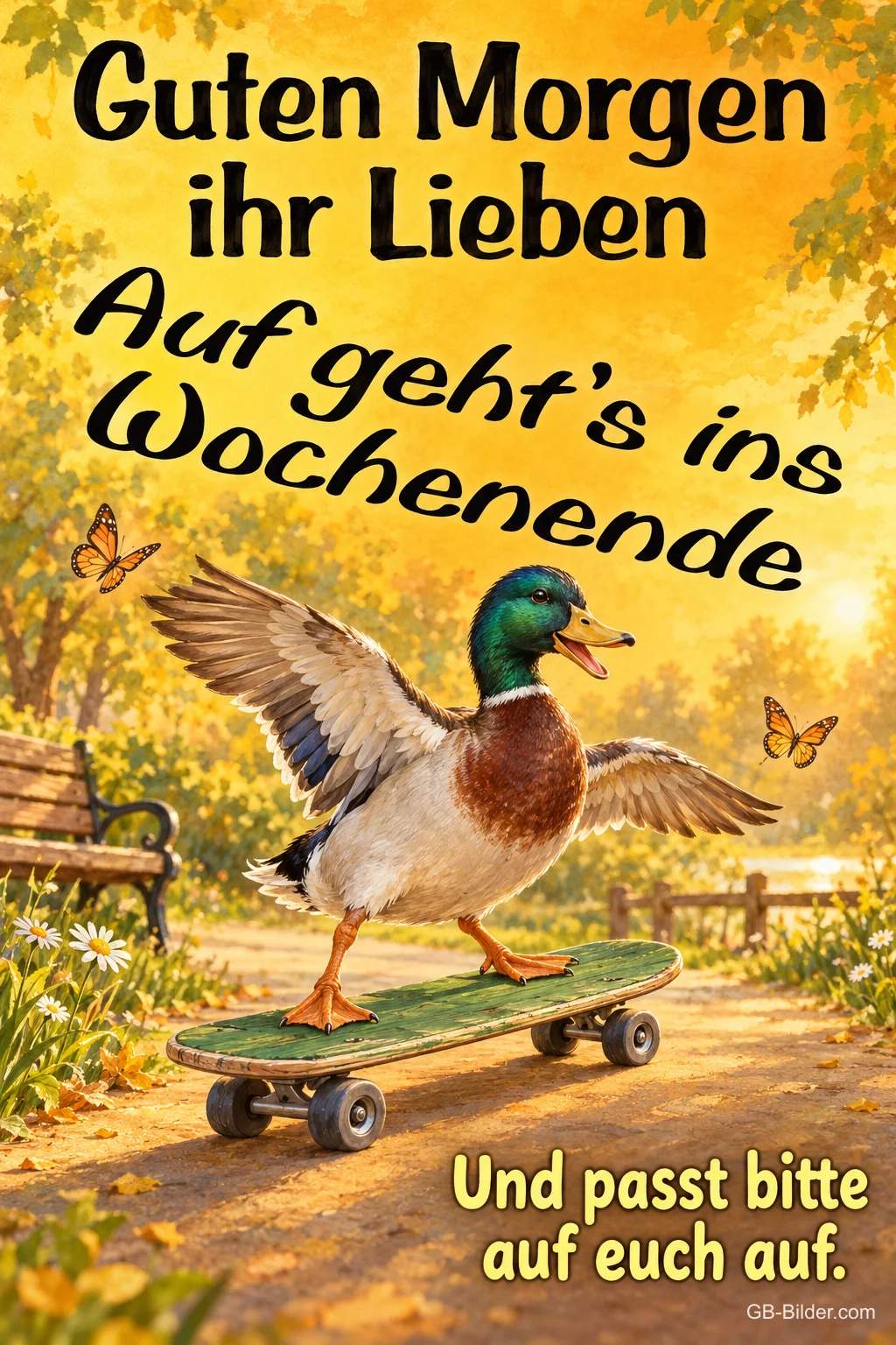 Stockente fährt auf einem Skateboard durch einen Park, Text: Guten Morgen ihr Lieben – Auf geht’s ins Wochenende. Und passt bitte auf euch auf.