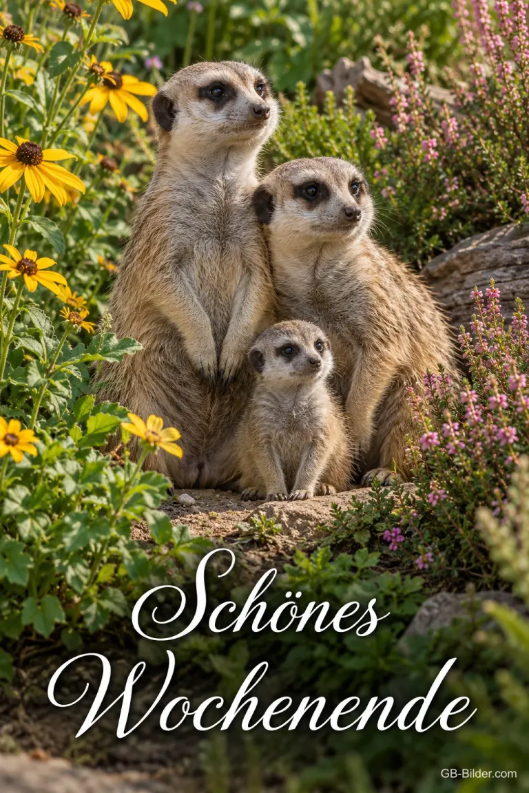 Drei Erdmännchen stehen zwischen bunten Blumen, Text: Schönes Wochenende