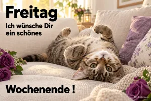 Verspieltes Tigerkätzchen liegt auf dem Rücken auf einem Sofa, Text: Freitag – Ich wünsche Dir ein schönes Wochenende!