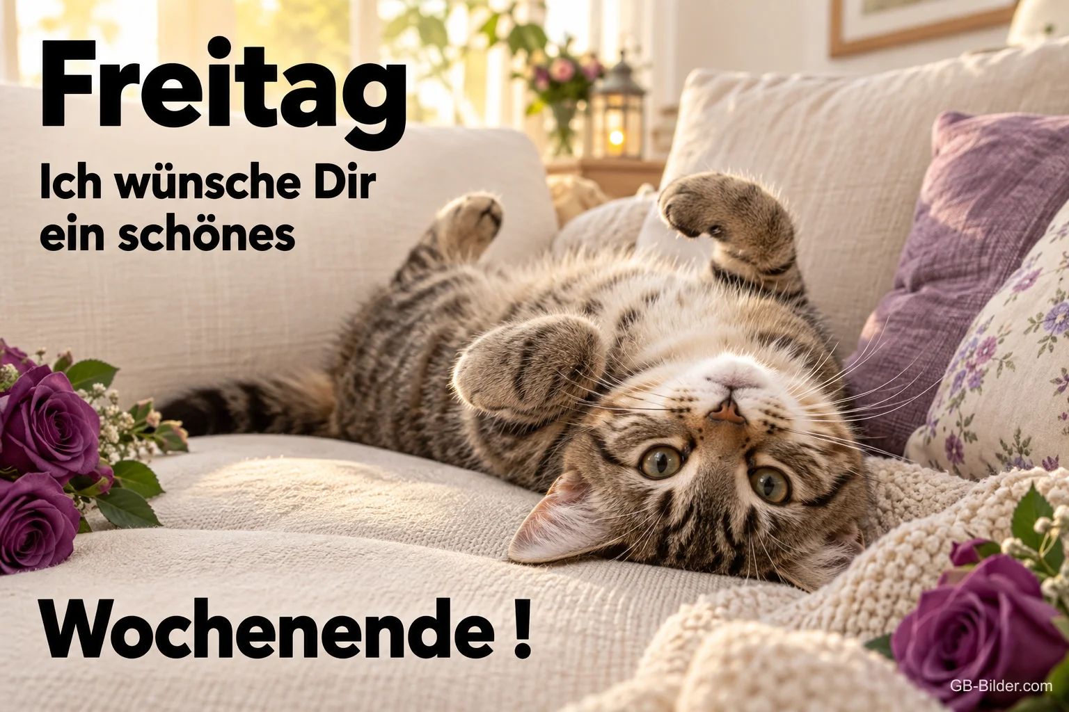 Verspieltes Tigerkätzchen liegt auf dem Rücken auf einem Sofa, Text: Freitag – Ich wünsche Dir ein schönes Wochenende!