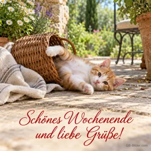 Rotes Kätzchen liegt verspielt neben einem umgekippten Korb, Text: Schönes Wochenende und liebe Grüße!
