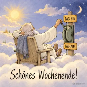 Alter Mann mit Bart sitzt im Liegestuhl auf einer Wolke und stellt den Hebel von Tag ein auf Tag aus, Text: Schönes Wochenende!