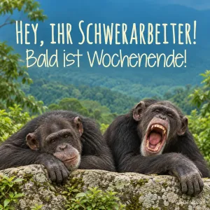Zwei Schimpansen liegen auf einem Felsen, einer lacht laut, Text: Hey, ihr Schwerarbeiter! Bald ist Wochenende!