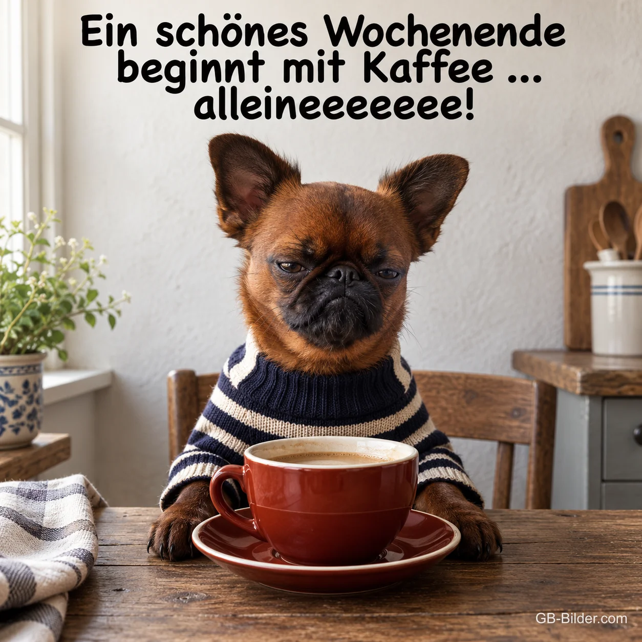 Mürrischer Griffon im Ringelpulli sitzt am Tisch vor einer Kaffeetasse, Text: Ein schönes Wochenende beginnt mit Kaffee … alleineeeeeee!