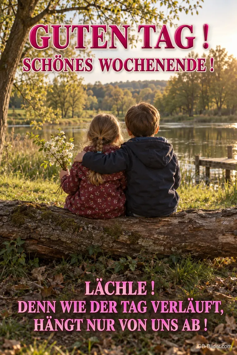 Zwei Kinder sitzen Arm in Arm auf einem Baumstamm am See, Text: Guten Tag! Schönes Wochenende! Lächle! Denn wie der Tag verläuft, hängt nur von uns ab!