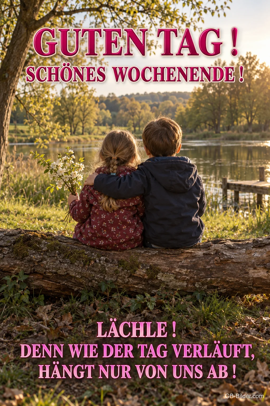 Zwei Kinder sitzen Arm in Arm auf einem Baumstamm am See, Text: Guten Tag! Schönes Wochenende! Lächle! Denn wie der Tag verläuft, hängt nur von uns ab!