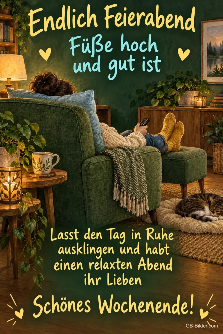 Person im Sessel mit hochgelegten Füßen in Wollsocken im gemütlichen Wohnzimmer, Text: Endlich Feierabend – Füße hoch und gut ist. Lasst den Tag in Ruhe ausklingen und habt einen relaxten Abend ihr Lieben. Schönes Wochenende!