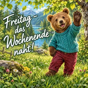 Bär im Strickpullover winkt auf einer Blumenwiese am Bergsee, Text: Freitag – das Wochenende naht!