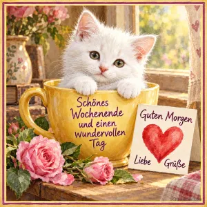 Weißes Kätzchen in einer gelben Tasse neben Rosen und einem Herzkärtchen, Text: Schönes Wochenende und einen wundervollen Tag – Guten Morgen, liebe Grüße