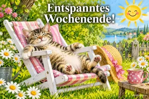 Getigerte Katze liegt entspannt im Liegestuhl zwischen Margeriten, Text: Entspanntes Wochenende!