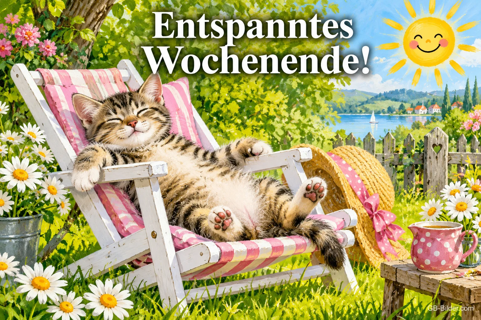 Getigerte Katze liegt entspannt im Liegestuhl zwischen Margeriten, Text: Entspanntes Wochenende!