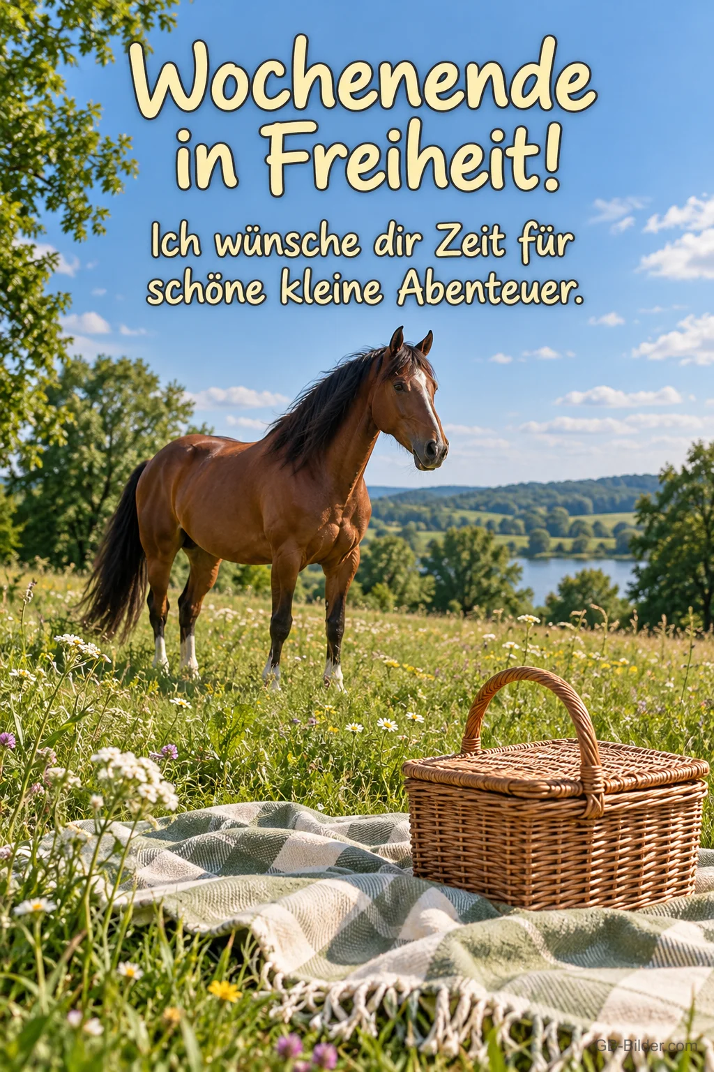Pferd auf der Sommerwiese, Text: Wochenende in Freiheit