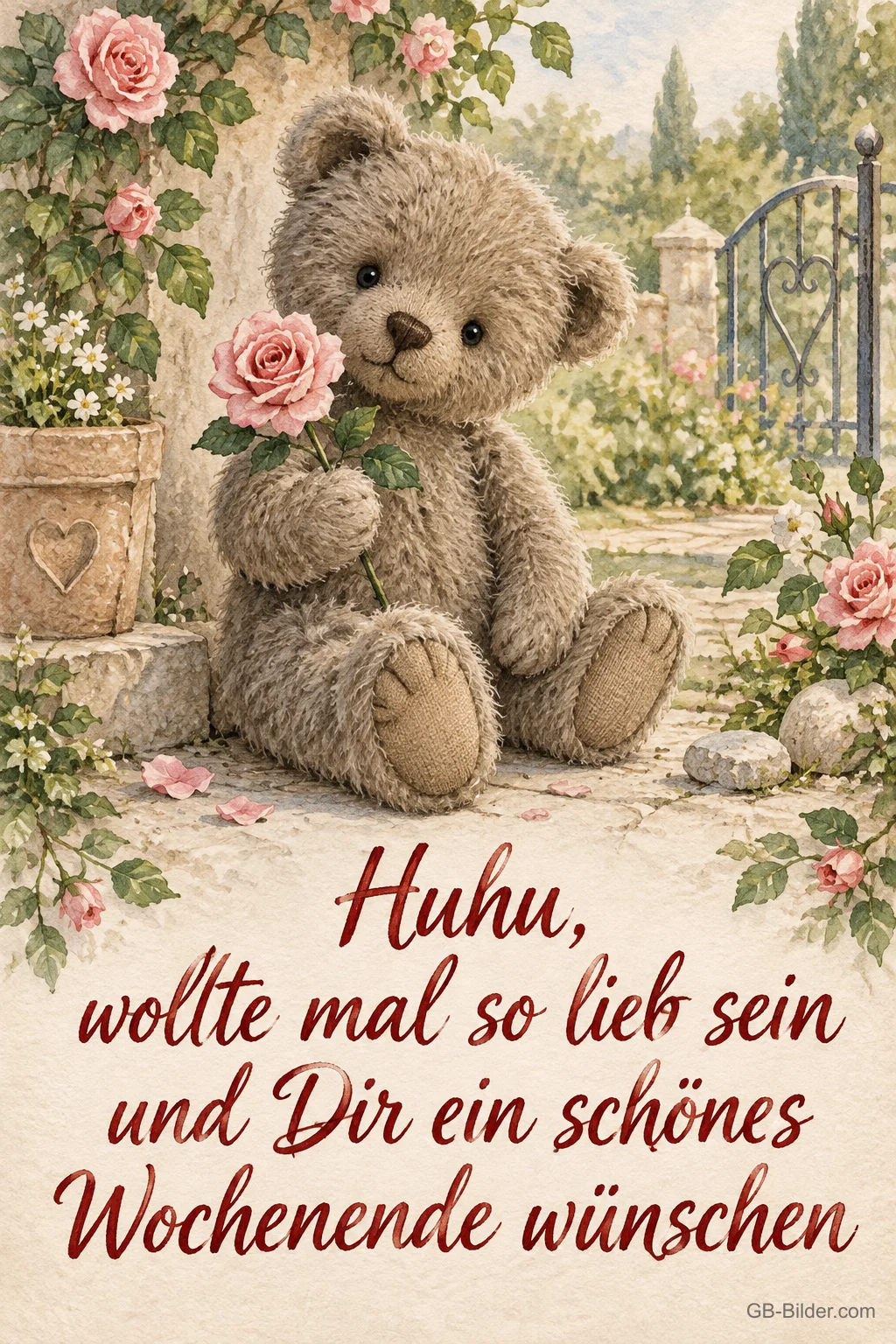 Teddybär hält eine rosa Rose im Rosengarten, Text: Huhu, wollte mal so lieb sein und Dir ein schönes Wochenende wünschen
