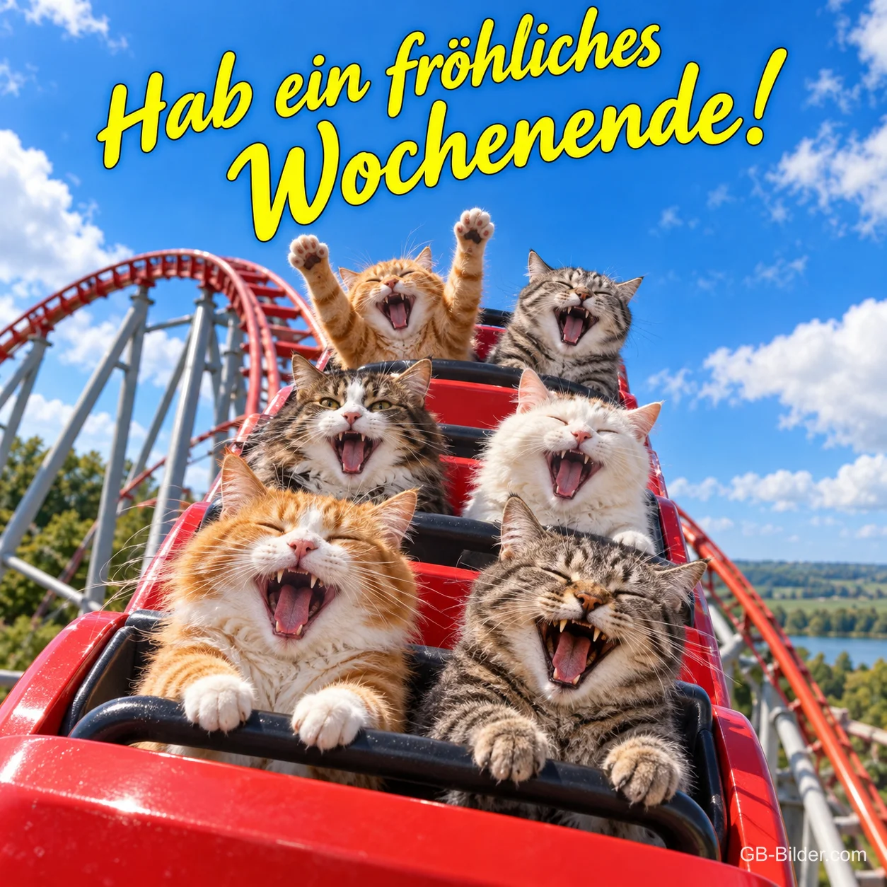 Jubelnde Katzen fahren mit erhobenen Pfoten Achterbahn, Text: Hab ein fröhliches Wochenende!