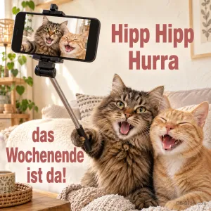 Zwei lachende Katzen machen ein Selfie mit dem Handy, Text: Hipp Hipp Hurra – das Wochenende ist da!