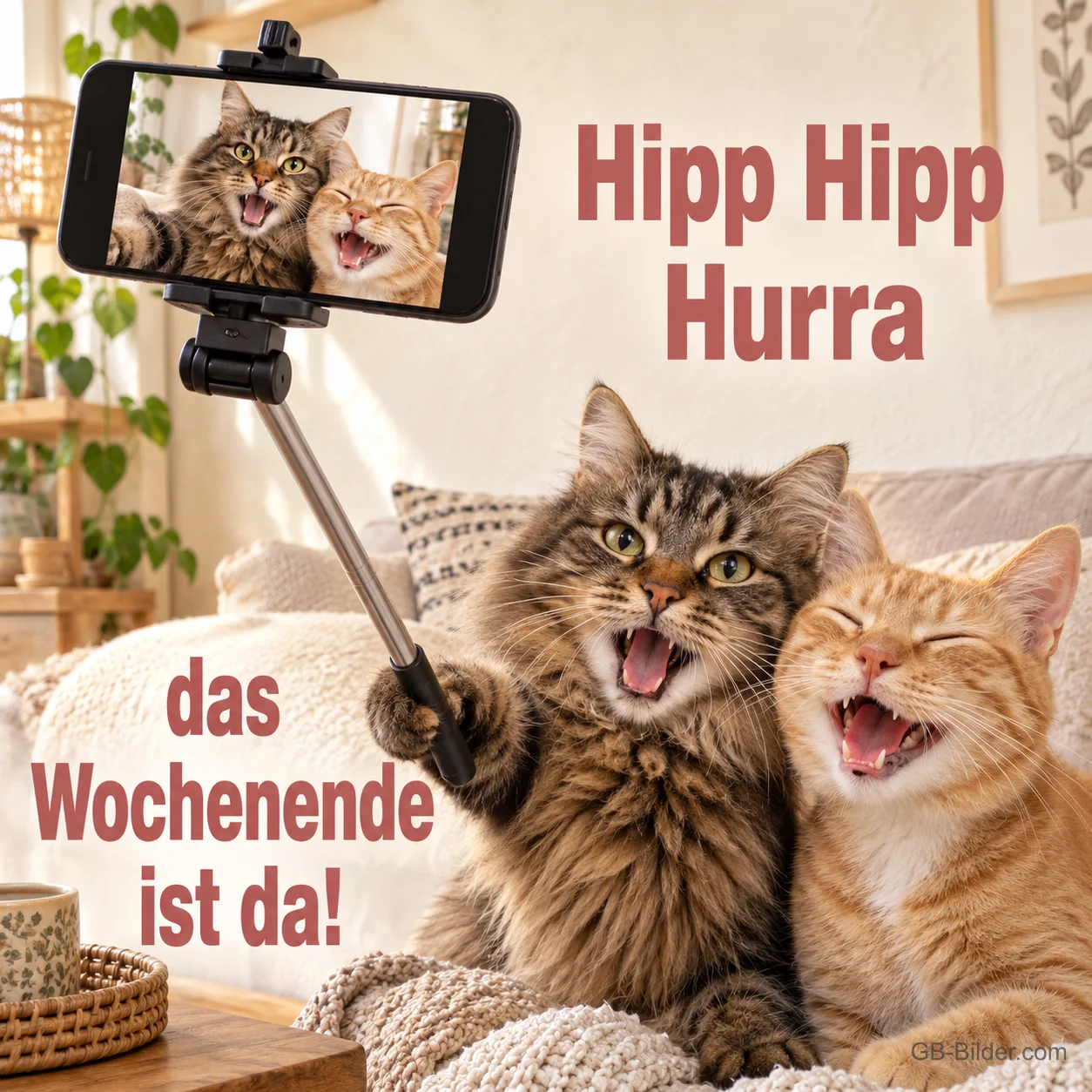 Zwei lachende Katzen machen ein Selfie mit dem Handy, Text: Hipp Hipp Hurra – das Wochenende ist da!