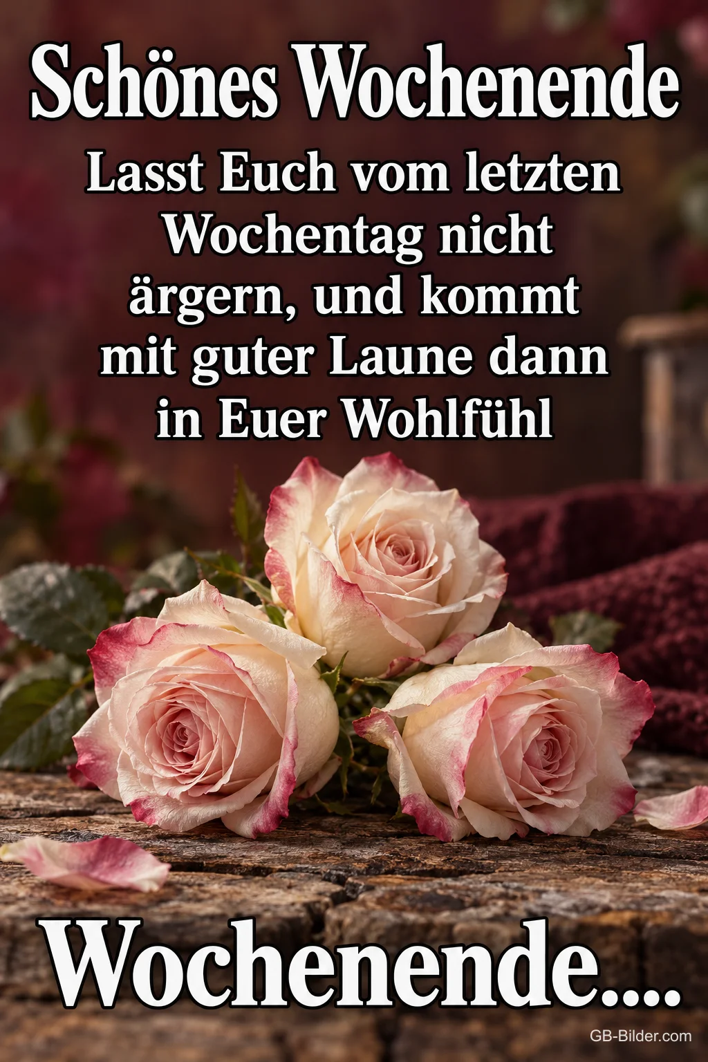 Rosa-weiße Rosen auf einem Holztisch, Text: Schönes Wochenende – Lasst Euch vom letzten Wochentag nicht ärgern, und kommt mit guter Laune dann in Euer Wohlfühl Wochenende….