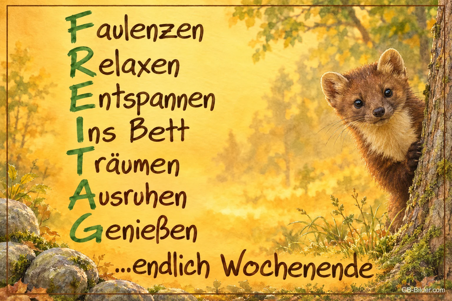 Baummarder schaut hinter einem Baumstamm hervor, Text: Faulenzen, Relaxen, Entspannen, Ins Bett, Träumen, Ausruhen, Genießen …endlich Wochenende