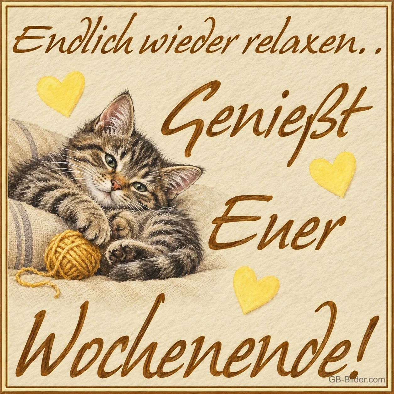 Getigertes Kätzchen liegt mit einem Wollknäuel auf einem Kissen, Text: Endlich wieder relaxen.. Genießt Euer Wochenende!