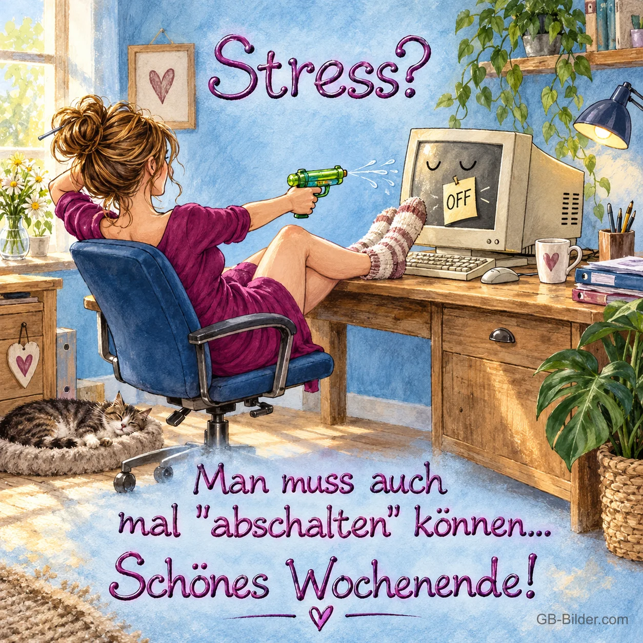 Frau lehnt im Bürostuhl und spritzt mit einer Wasserpistole auf den Computer, Text: Stress? Man muss auch mal "abschalten" können… Schönes Wochenende!