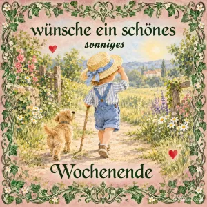 Junge mit Strohhut und Wanderstock geht mit seinem Hund einen Gartenweg entlang, Text: Wünsche ein schönes sonniges Wochenende