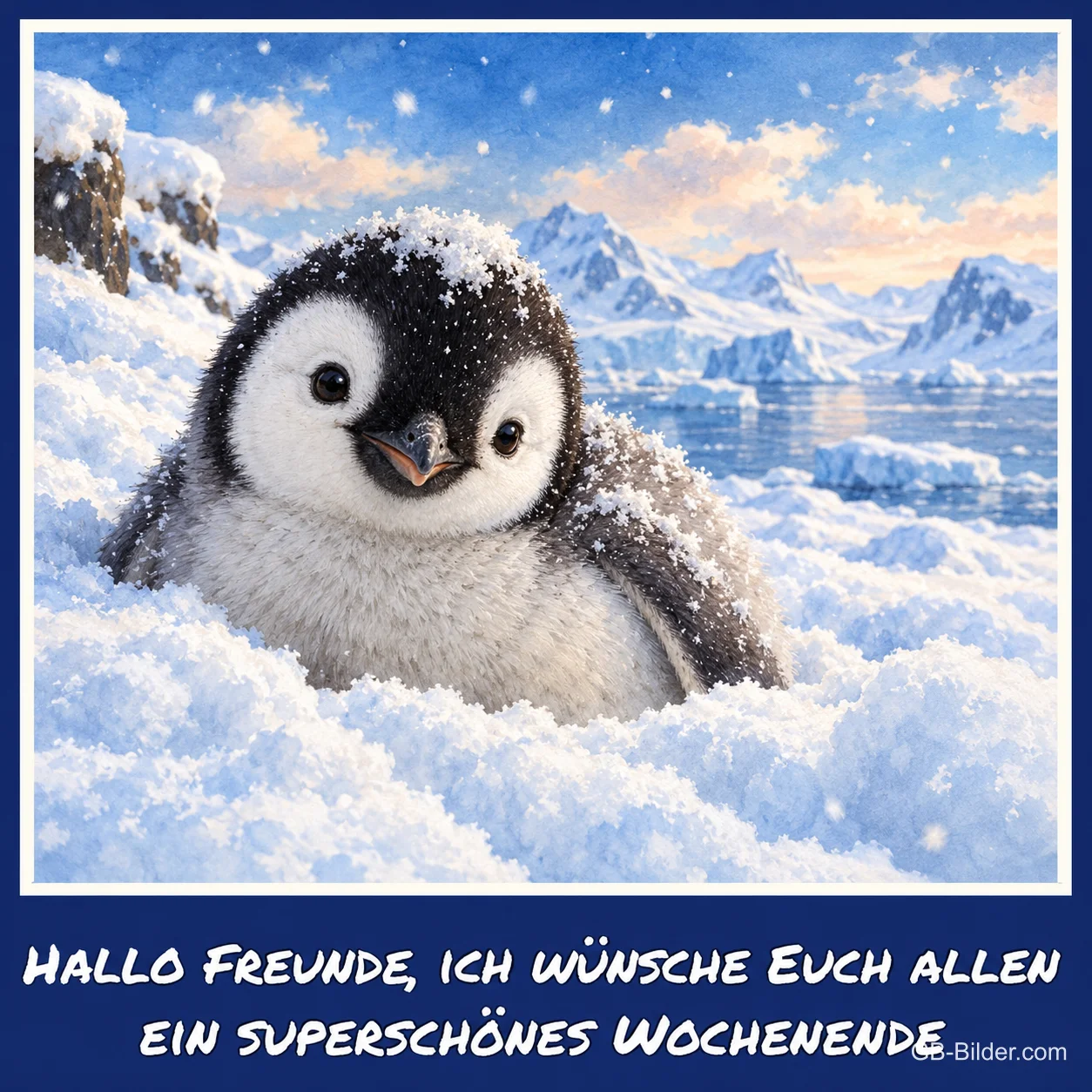 Pinguinküken schaut aus dem Schnee vor verschneiten Bergen, Text: Hallo Freunde, ich wünsche Euch allen ein superschönes Wochenende