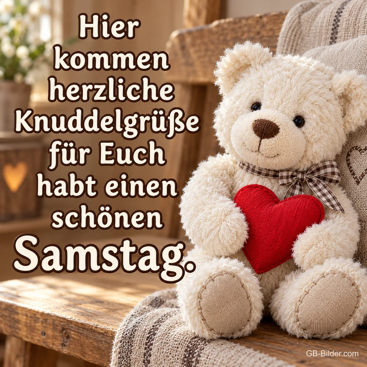 Weißer Teddybär mit rotem Herz auf einem Sessel, Text: Hier kommen herzliche Knuddelgrüße für Euch, habt einen schönen Samstag.