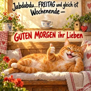 Rote Katze liegt entspannt auf einer Bank und zeigt den Daumen hoch, Text: Jabdabdu… FREITAG und gleich ist Wochenende – GUTEN MORGEN ihr Lieben