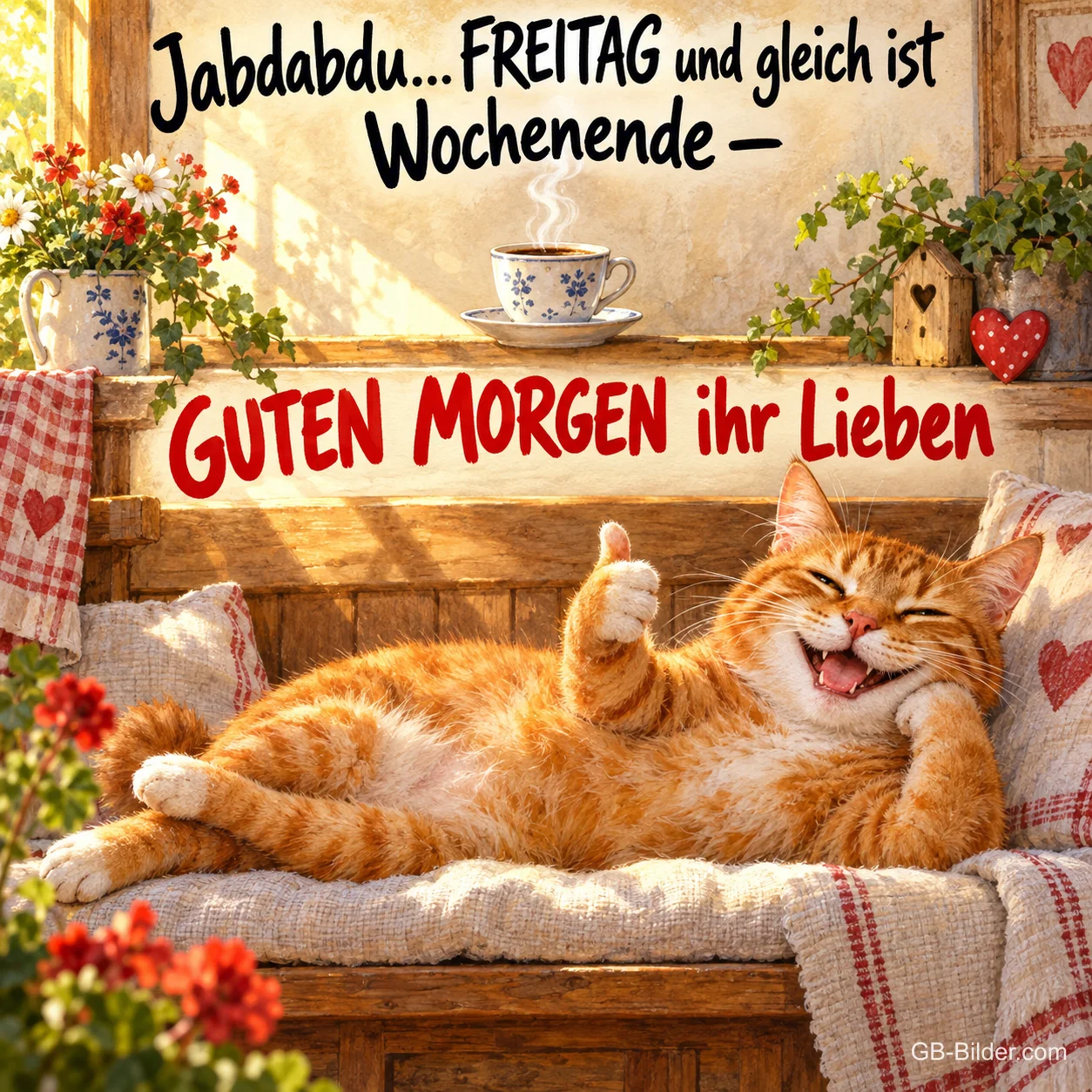 Rote Katze liegt entspannt auf einer Bank und zeigt den Daumen hoch, Text: Jabdabdu… FREITAG und gleich ist Wochenende – GUTEN MORGEN ihr Lieben
