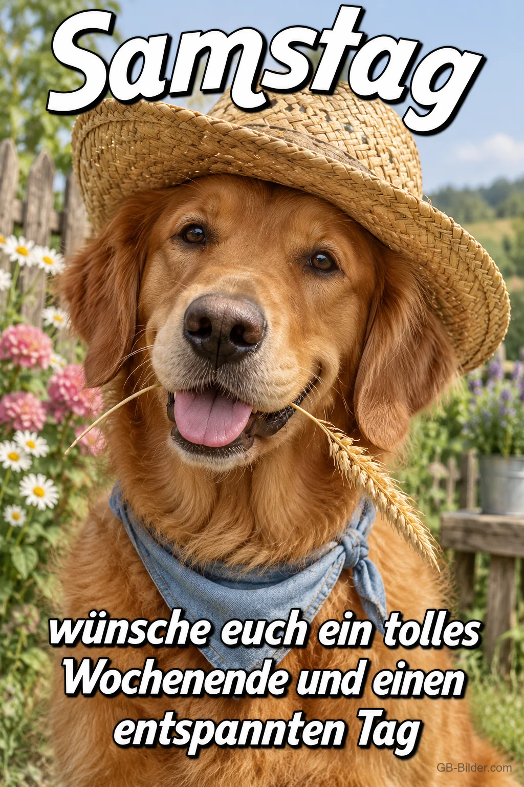 Golden Retriever mit Strohhut und Halstuch im Garten, Text: Samstag – wünsche euch ein tolles Wochenende und einen entspannten Tag