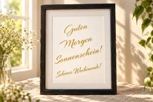 Schwarzer Bilderrahmen mit goldener Schrift auf einer sonnigen Fensterbank, Text: Guten Morgen Sonnenschein! Schönes Wochenende!