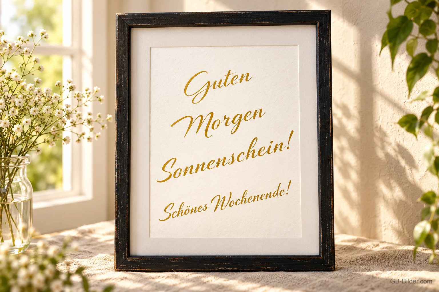 Schwarzer Bilderrahmen mit goldener Schrift auf einer sonnigen Fensterbank, Text: Guten Morgen Sonnenschein! Schönes Wochenende!