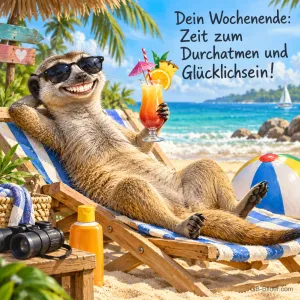 Erdmännchen mit Sonnenbrille und Cocktail liegt im Liegestuhl am Strand, Text: Dein Wochenende: Zeit zum Durchatmen und Glücklichsein!