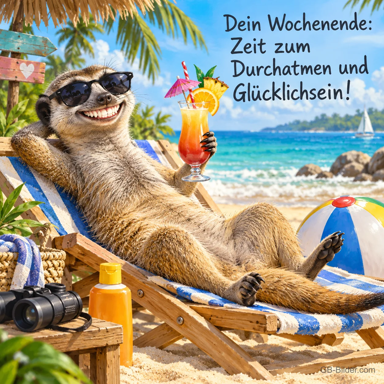 Erdmännchen mit Sonnenbrille und Cocktail liegt im Liegestuhl am Strand, Text: Dein Wochenende: Zeit zum Durchatmen und Glücklichsein!