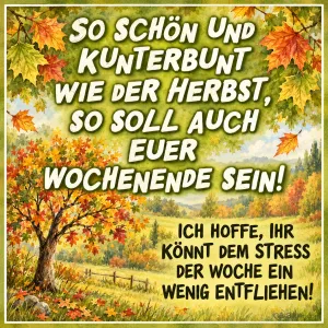 Bunter Herbstbaum vor einer Landschaft mit Herbstlaub, Text: So schön und kunterbunt wie der Herbst, so soll auch euer Wochenende sein! Ich hoffe, ihr könnt dem Stress der Woche ein wenig entfliehen!