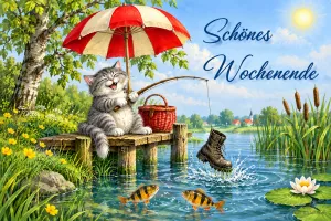 Katze angelt einen Stiefel unter einem Sonnenschirm am Steg, Text: Schönes Wochenende