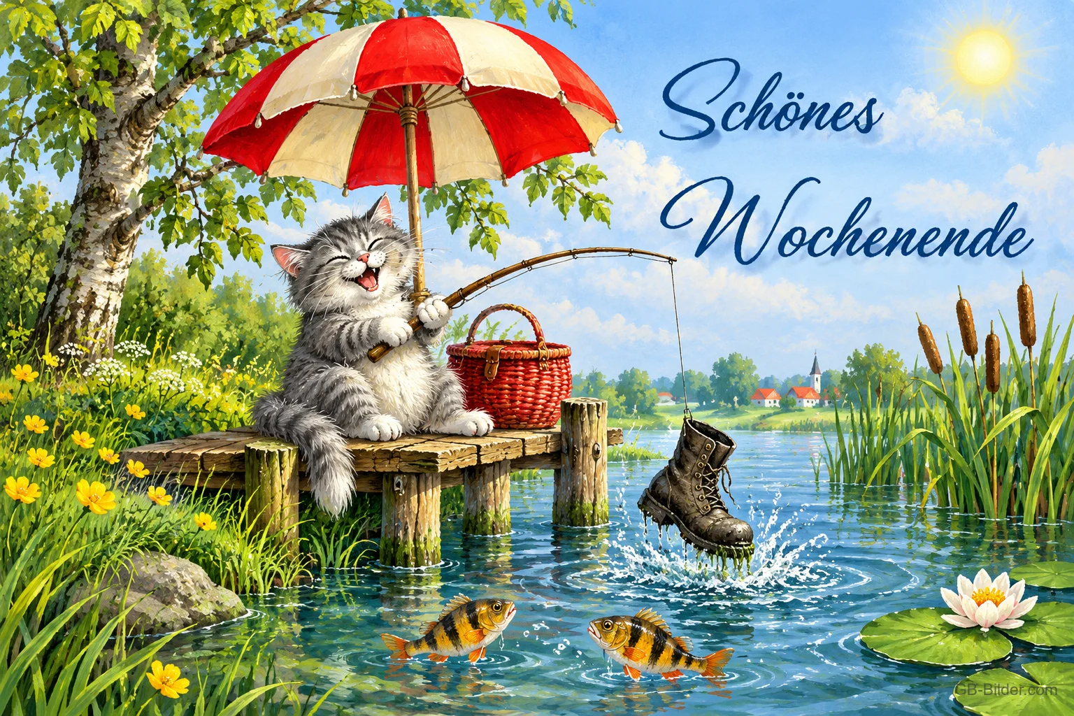Katze angelt einen Stiefel unter einem Sonnenschirm am Steg, Text: Schönes Wochenende